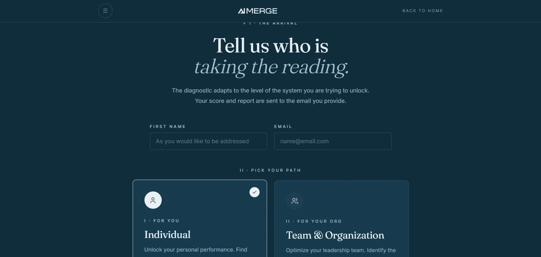 The entry screen: a short form for your first name and email, then a choice between an individual or an organisation reading.