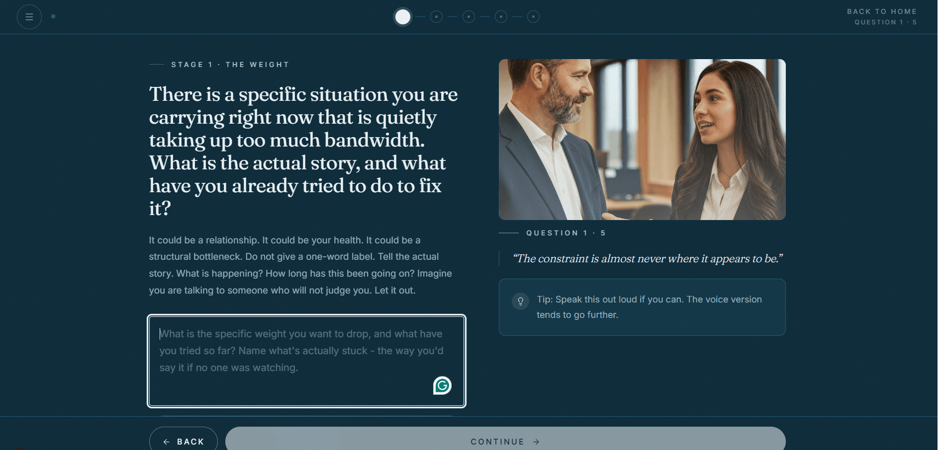 The guided reflection interface: a question asking you to describe a specific situation in your own words, with a free-text answer box